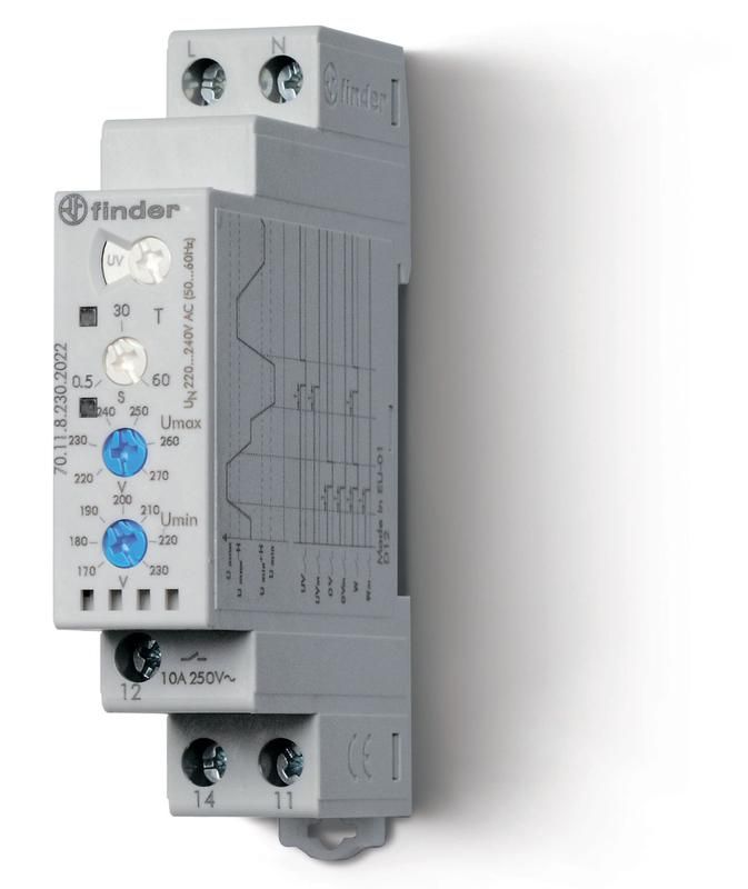 Реле контрольное для 1-фазных сетей пониженное/повышенное напряжение настраиваемые диапазоны выход 1CO 10А модул. шир. 17.5мм FINDER 701182302022